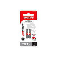 The DIABLO DT271P2 pack contains two 1-inch #27 Torx drive bits. The packaging, highlighted by 50x longer life and Impact Strong™ MaxTorque Zone, features a bold red and white design with Diablos stylized devil logo.