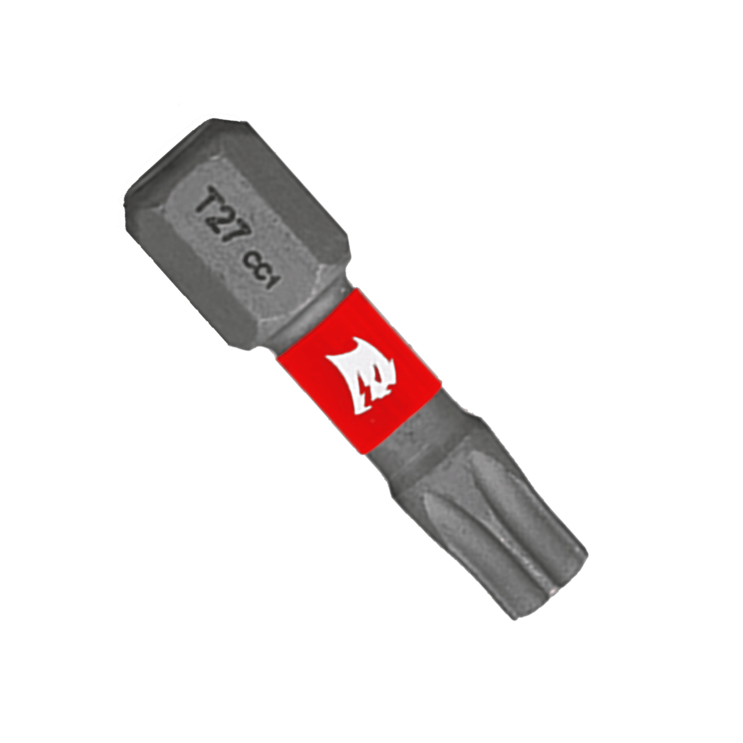 Introducing the DIABLO DT271P2 1 in. #27 Torx Drive Bits (2-Pack) by Diablo, featuring a red band and white flame logo. Designed for drills or screwdrivers, these metallic bits are perfect for six-point star fasteners and enhance performance with the MaxTorque Zone for optimal precision.