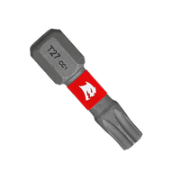 Introducing the DIABLO DT271P2 1 in. #27 Torx Drive Bits (2-Pack) by Diablo, featuring a red band and white flame logo. Designed for drills or screwdrivers, these metallic bits are perfect for six-point star fasteners and enhance performance with the MaxTorque Zone for optimal precision.