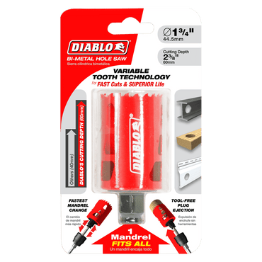 Image of the DIABLO DHS1750 1-3/4 in. x 2-3/8 in. High Performance Hole Saw packaged, featuring Snap-Lock Plus mandrel system and variable tooth design for fast cuts. The package highlights tool-free plug ejection and compatibility, with prominent Diablo branding.