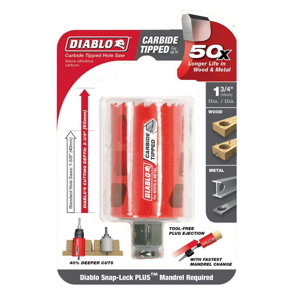 Packaging for the Diablo DIABLO DHS1750CT 1-3/4 in. Carbide Teeth Hole Saw, ideal for wood and metal. Offers 50x longer cutting life with carbide teeth. Snap-Lock Plus™ Mandrel System compatible, complete with images showing usage and product details.