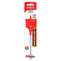 The Diablo DSP2160 1-3/8 in. x 6 in. spade bit for wood, with a Speed-Tip design, offers fast, clean drilling. Packaged in red and white, the red bit stands vertically labeled as Impact Strong and features an optimized curved paddle for superior performance.