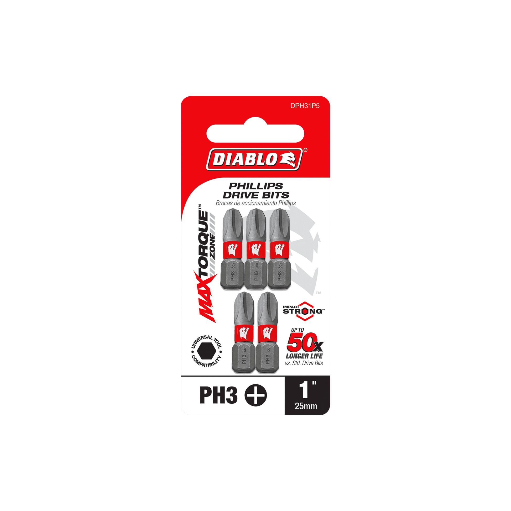 The DIABLO DPH31P5 1 in. #3 Phillips Drive Bits (5-Pack) by Diablo features five durable Impact Strong™ bits in bold red and white packaging, promising 50x longer life, ideal for tough tasks.