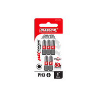 The DIABLO DPH31P5 1 in. #3 Phillips Drive Bits (5-Pack) by Diablo features five durable Impact Strong™ bits in bold red and white packaging, promising 50x longer life, ideal for tough tasks.