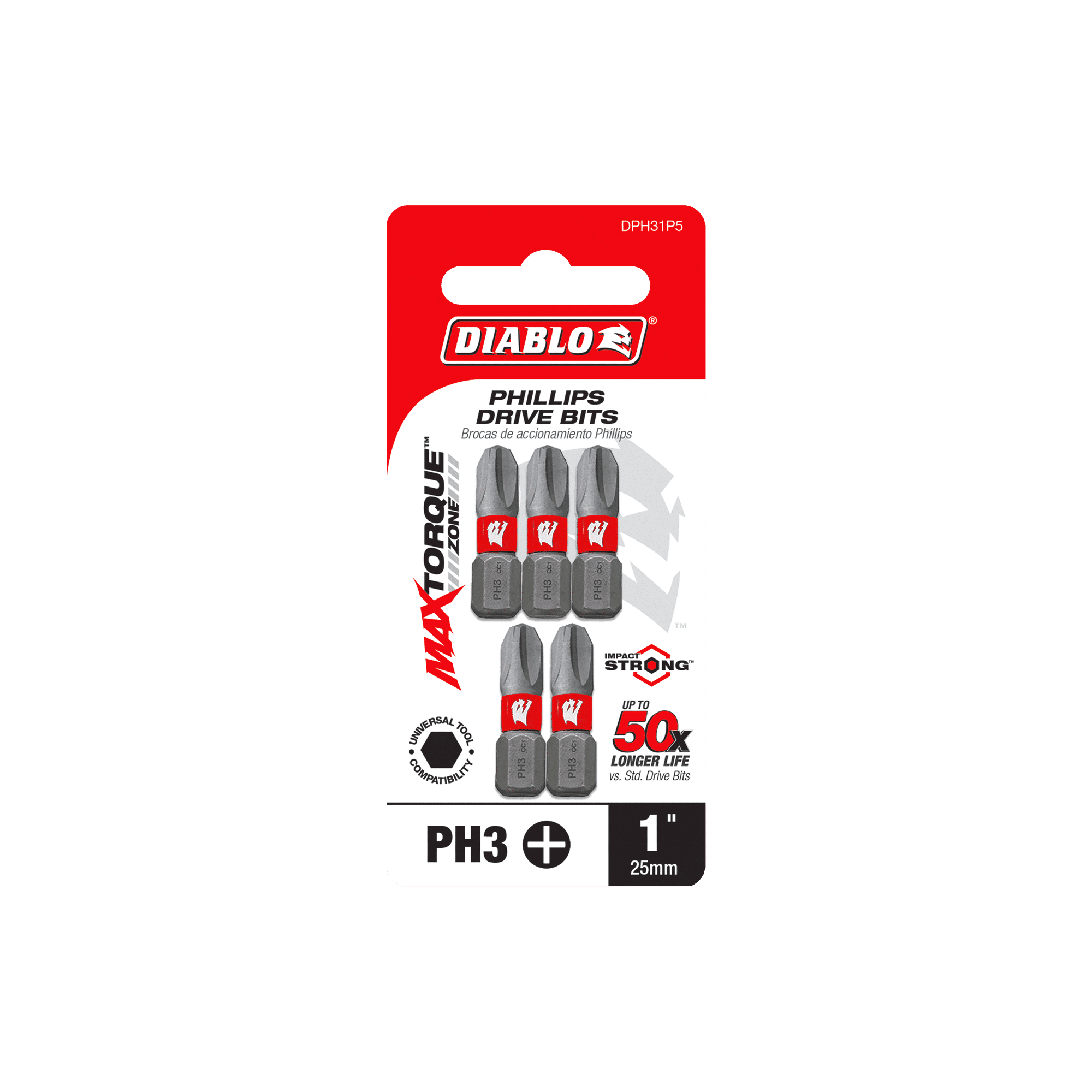 The DIABLO DPH31P5 1 in. #3 Phillips Drive Bits (5-Pack) by Diablo features five durable Impact Strong™ bits in bold red and white packaging, promising 50x longer life, ideal for tough tasks.