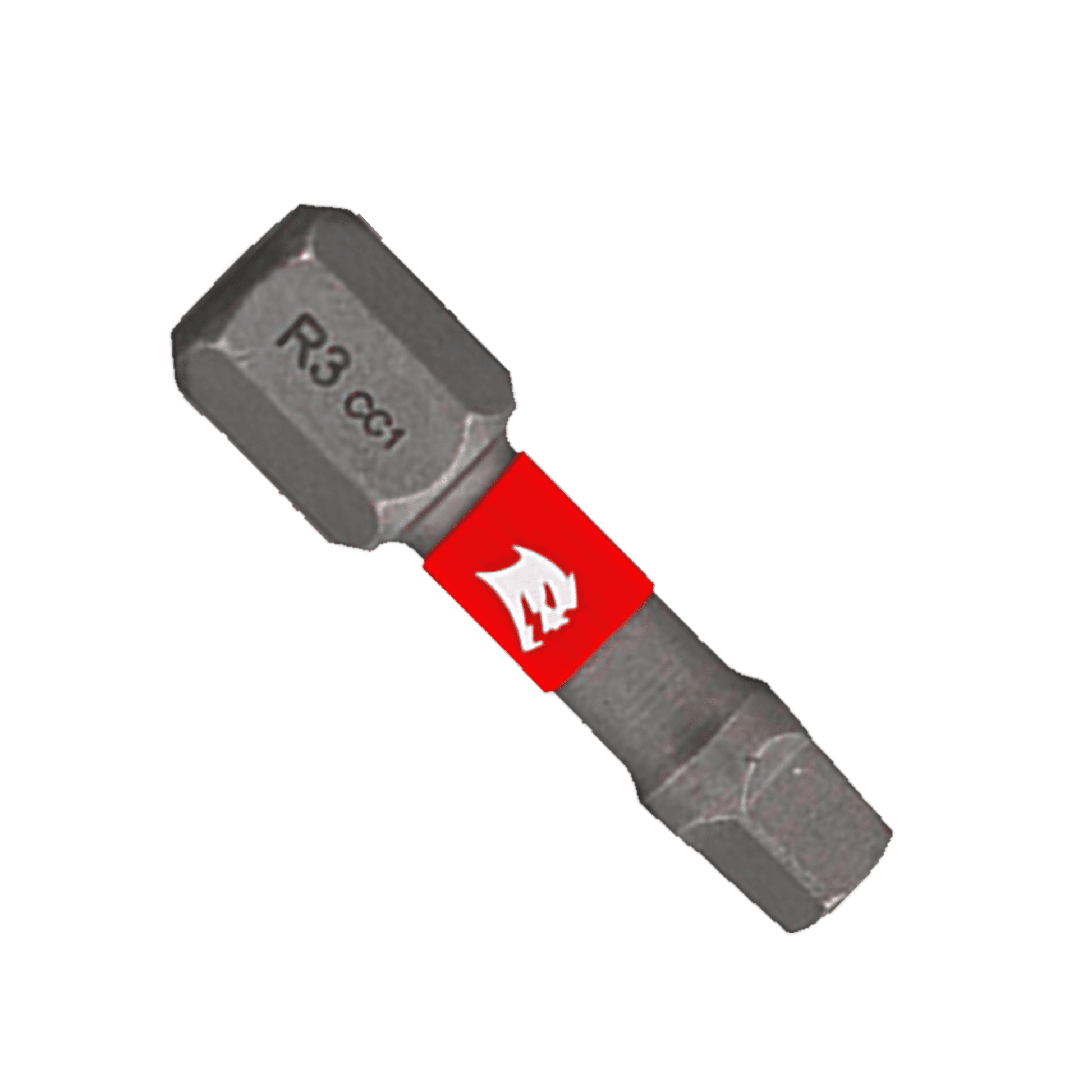 Close-up of a hexagonal metal tool bit engraved with R3 CCI, featuring a red band and white flame logo. This impact-resistant square bit is from the DIABLO DSQ31P5 1 in. #3 Square Drive Bits (5-Pack) by Diablo. The background is transparent.