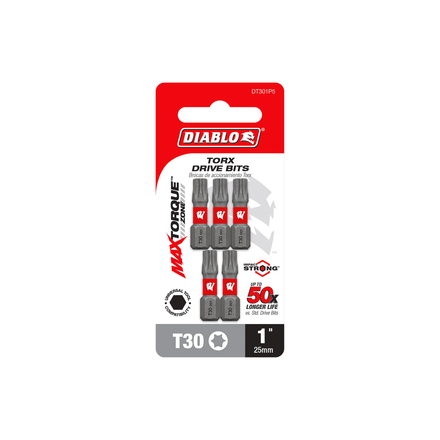 Introducing the DIABLO DT301P5 1 in. #30 Torx Drive Bits (5-Pack) with Impact Strong™ technology, featuring five robust T30 bits in a striking red and black design. Experience maximum strength and 50x longer life with our MaxTorque Zone innovation.