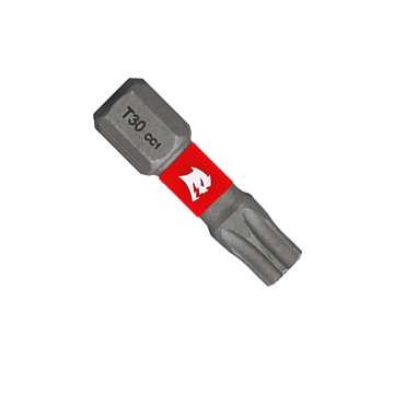 The DIABLO DT301P5 #30 Torx Drive Bit, featuring a red band and a white wolf logo, is designed for Impact Strong™ performance. It has a star tip for the MaxTorque Zone and a hexagonal end, available as a 1 in. metallic bit from Diablo in packs of five.