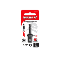 The DIABLO DSA0500 1/4 in. Hex to 1/2 in., 2 in. Long Square Socket Adapter is ideal for impact drivers, featuring a torque-resistant black design with a sturdy hex base. Its packaging displays the Diablo logo and bilingual text in red and white.