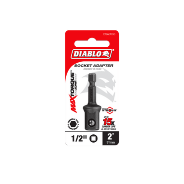 The DIABLO DSA0500 1/4 in. Hex to 1/2 in., 2 in. Long Square Socket Adapter is ideal for impact drivers, featuring a torque-resistant black design with a sturdy hex base. Its packaging displays the Diablo logo and bilingual text in red and white.