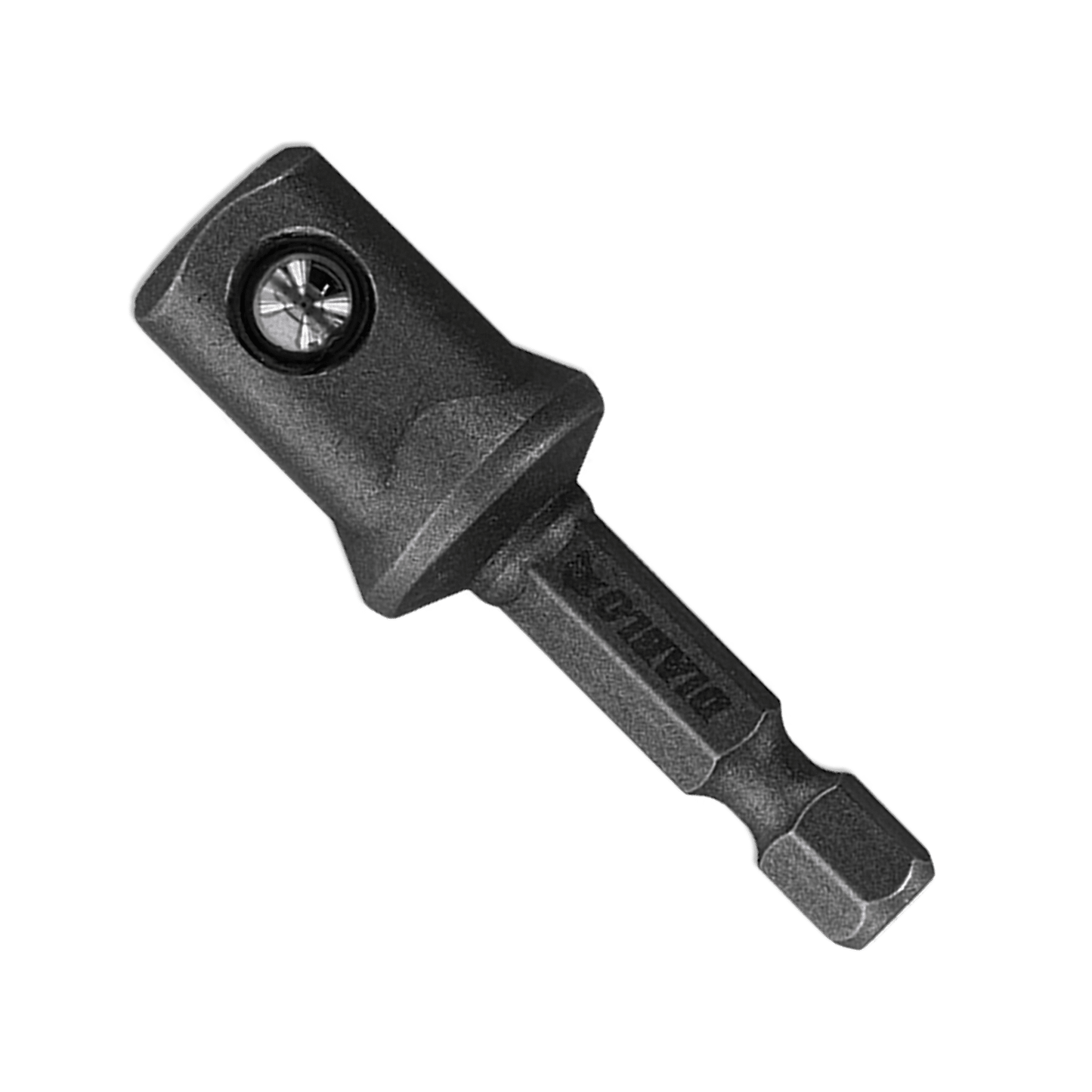 The Diablo DIABLO DSA0500 is a black metal adapter with a 1/4 in. hex shank and a 1/2 in. square socket, ideal for power drills and impact drivers. Its torque-resistant design ensures durability and efficiency in various applications.