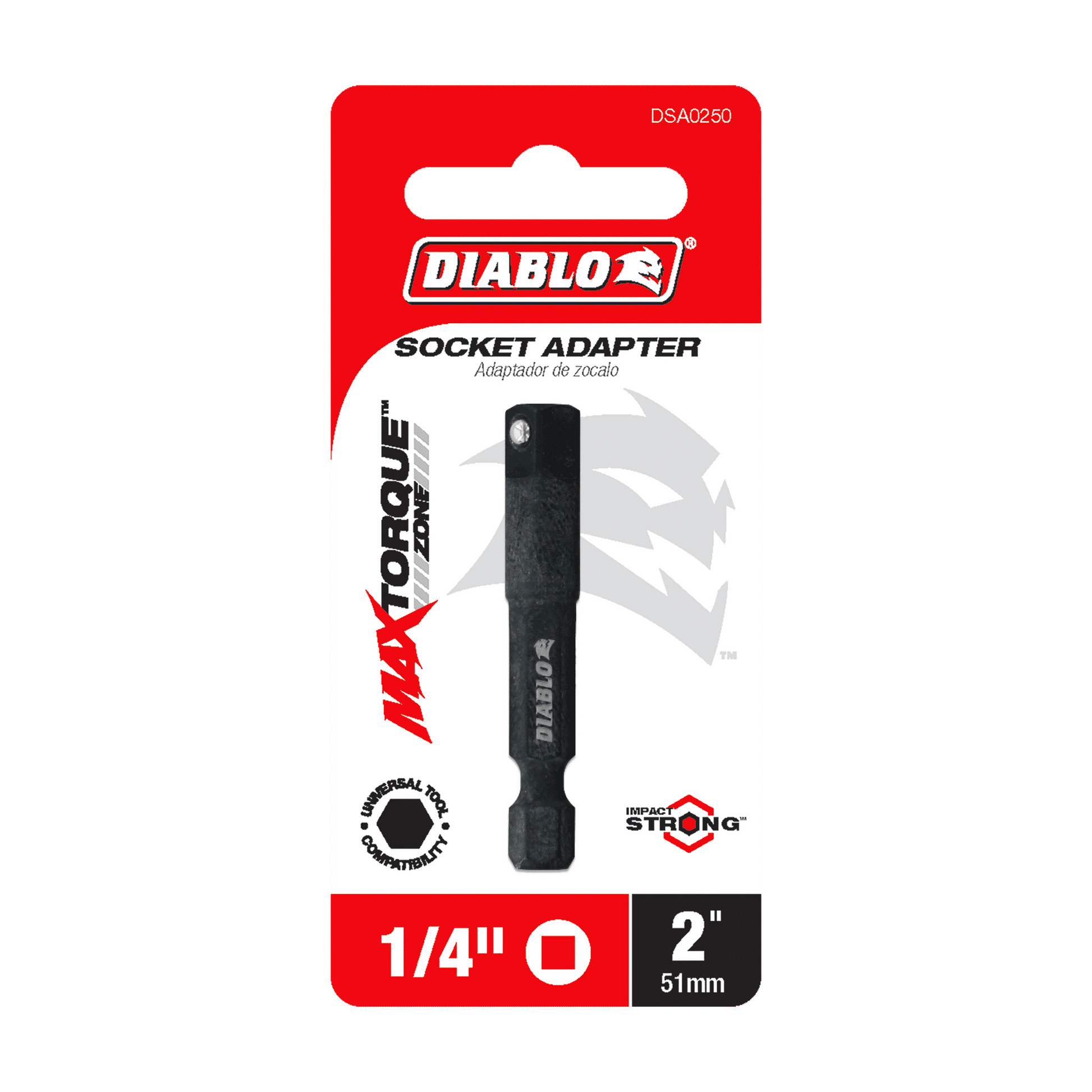 The Diablo DSA0250 package features a red and white design with the iconic Diablo logo. This 1/4 in. hex to 1/4 in., 2 in. long square socket adapter for impact drivers showcases MAXTORQUE and Impact Strong branding, emphasizing its durability.