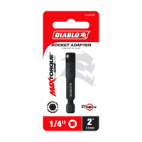 The Diablo DSA0250 package features a red and white design with the iconic Diablo logo. This 1/4 in. hex to 1/4 in., 2 in. long square socket adapter for impact drivers showcases MAXTORQUE and Impact Strong branding, emphasizing its durability.