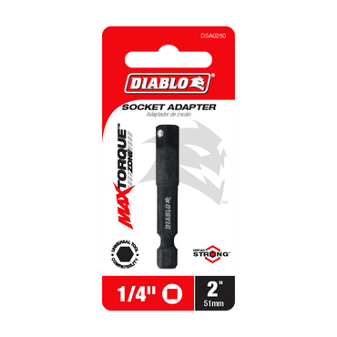 The Diablo DSA0250 package features a red and white design with the iconic Diablo logo. This 1/4 in. hex to 1/4 in., 2 in. long square socket adapter for impact drivers showcases MAXTORQUE and Impact Strong branding, emphasizing its durability.