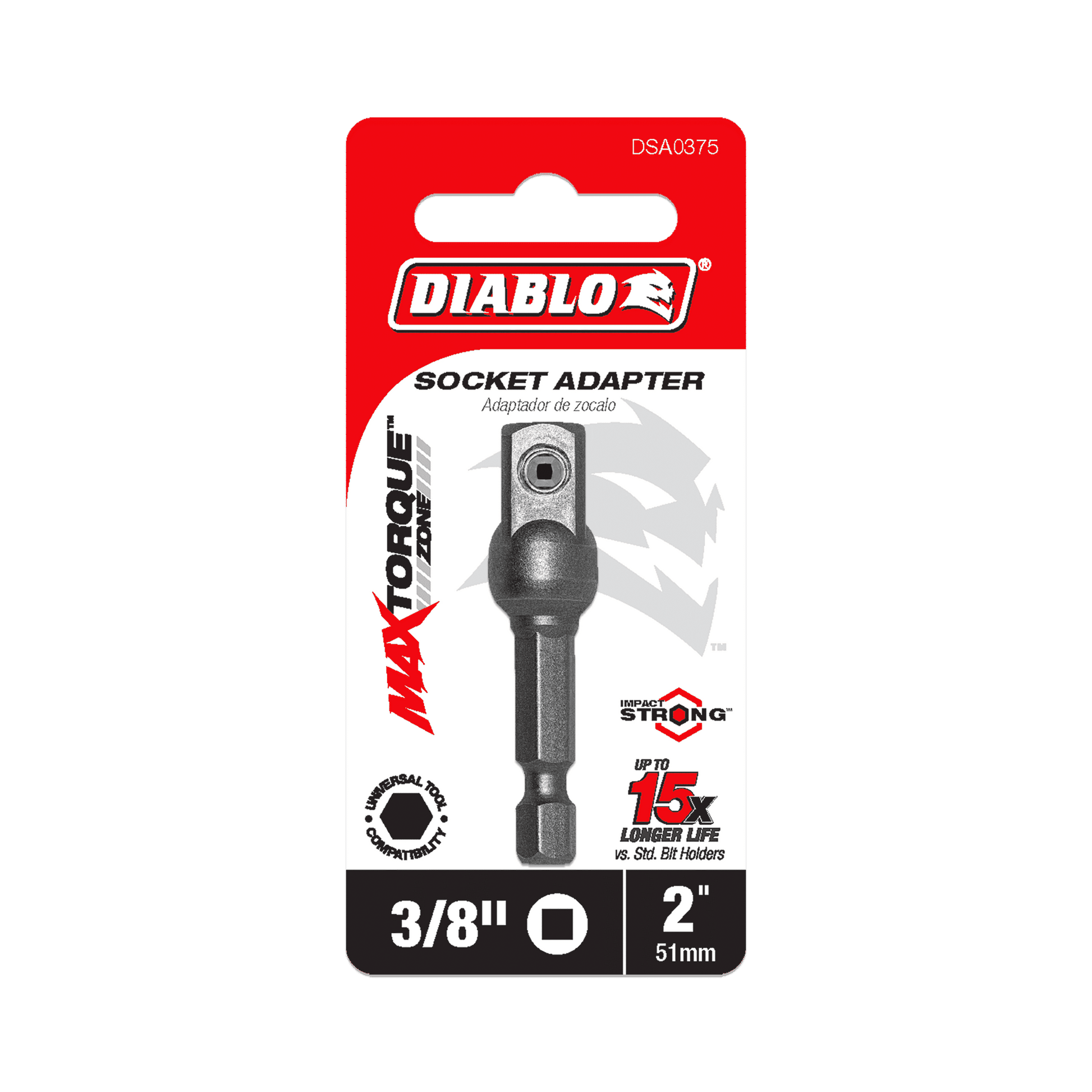 The Diablo DSA0375 socket adapter, labeled Max Torque Zone, is durable and compatible with impact drivers. With a size of 1/4 to 3/8 and length of 2, it offers STRONG performance with a 15x Longer Life. The red-and-black package stands out against the white background.