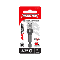 The Diablo DSA0375 socket adapter, labeled Max Torque Zone, is durable and compatible with impact drivers. With a size of 1/4 to 3/8 and length of 2, it offers STRONG performance with a 15x Longer Life. The red-and-black package stands out against the white background.