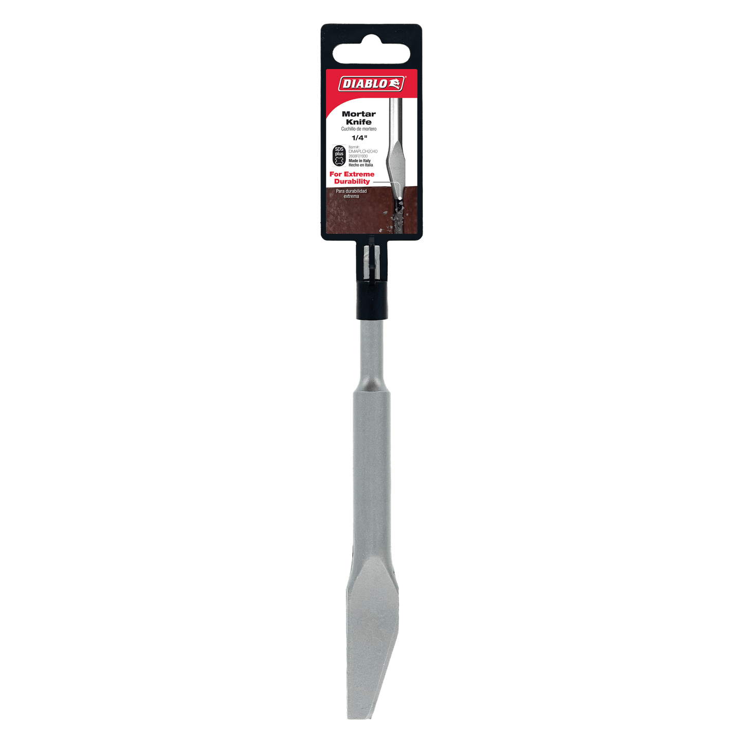 The DIABLO DMAPLCH2040 1/4 in. SDS-Plus Mortar Knife features a silver, chisel-like blade for efficient mortar removal and has a black handle section with the red Diablo label. It is compatible with SDS-Plus rotary hammers for improved performance.