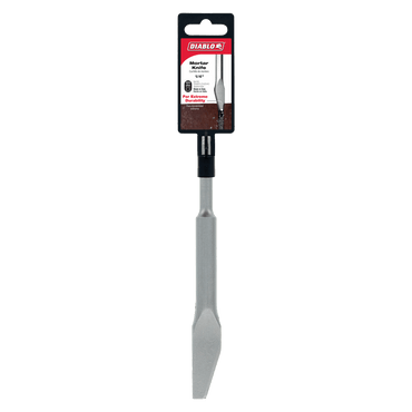 The DIABLO DMAPLCH2040 1/4 in. SDS-Plus Mortar Knife features a silver, chisel-like blade for efficient mortar removal and has a black handle section with the red Diablo label. It is compatible with SDS-Plus rotary hammers for improved performance.