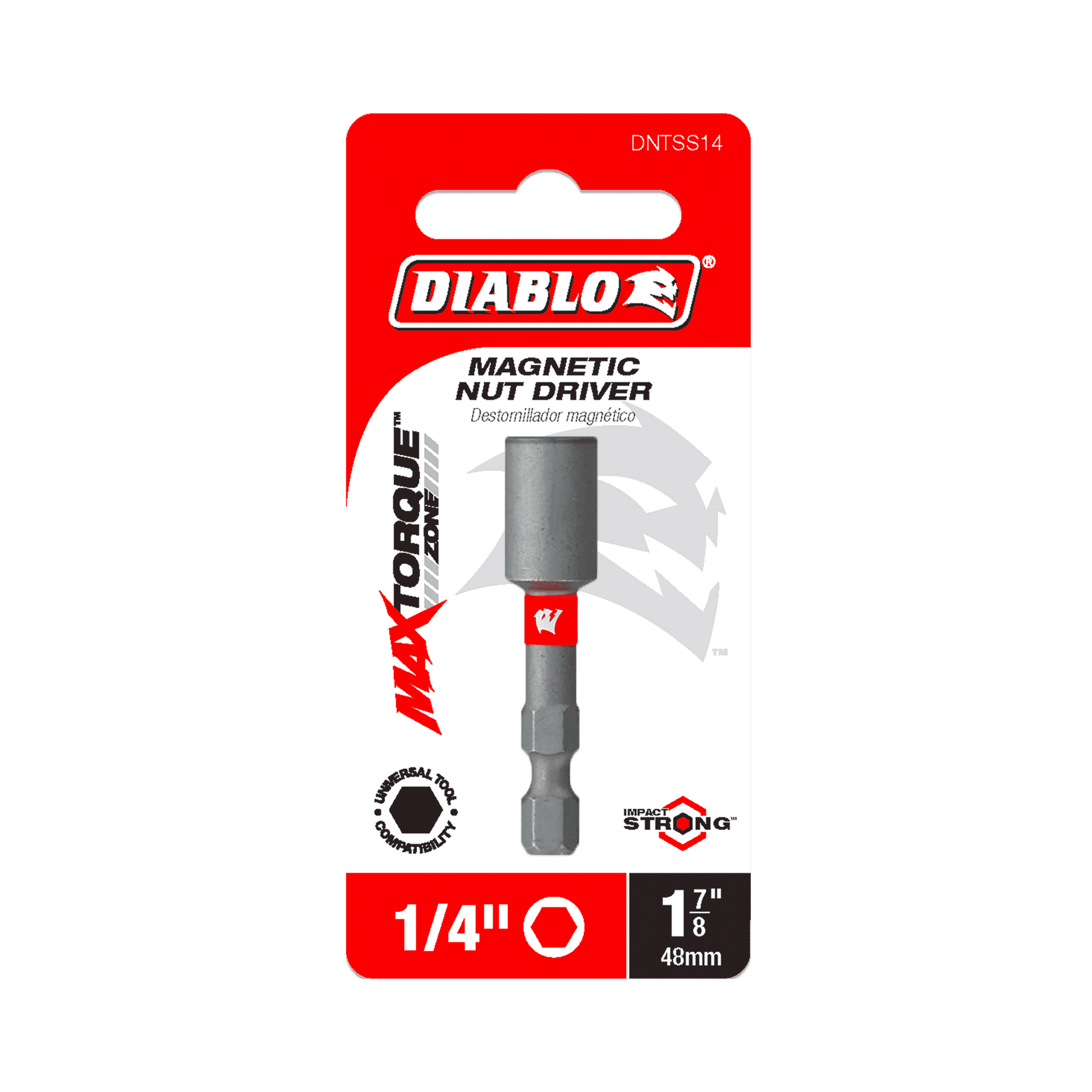 Image of the Diablo DNTSS14 Magnetic Nut Driver highlighting its Impact Strong™ durability. The red packaging showcases MaxTorque Zone with text including 1/4, 1-7/8 48mm, and Demagnetizador Magnético.