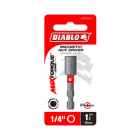 Image of the Diablo DNTSS14 Magnetic Nut Driver highlighting its Impact Strong™ durability. The red packaging showcases MaxTorque Zone with text including 1/4, 1-7/8 48mm, and Demagnetizador Magnético.