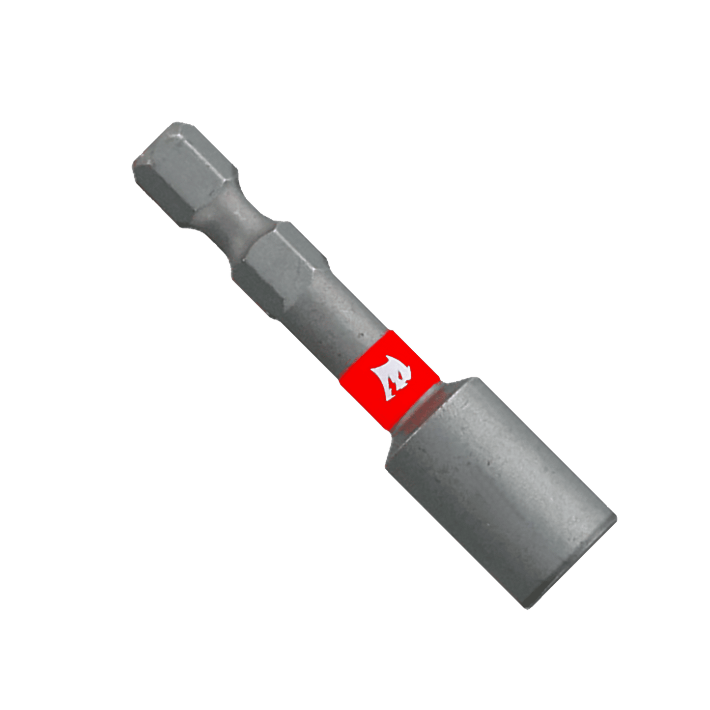 The DIABLO DNTSS14 Magnetic Nut Driver, 1/4 in. x 1-7/8 in., showcases a metallic hexagonal shank with a red band and white Diablo logo, featuring Impact Strong™ for durability. Its design is perfect for precision work against a plain green background that effortlessly highlights the tools robust nature.