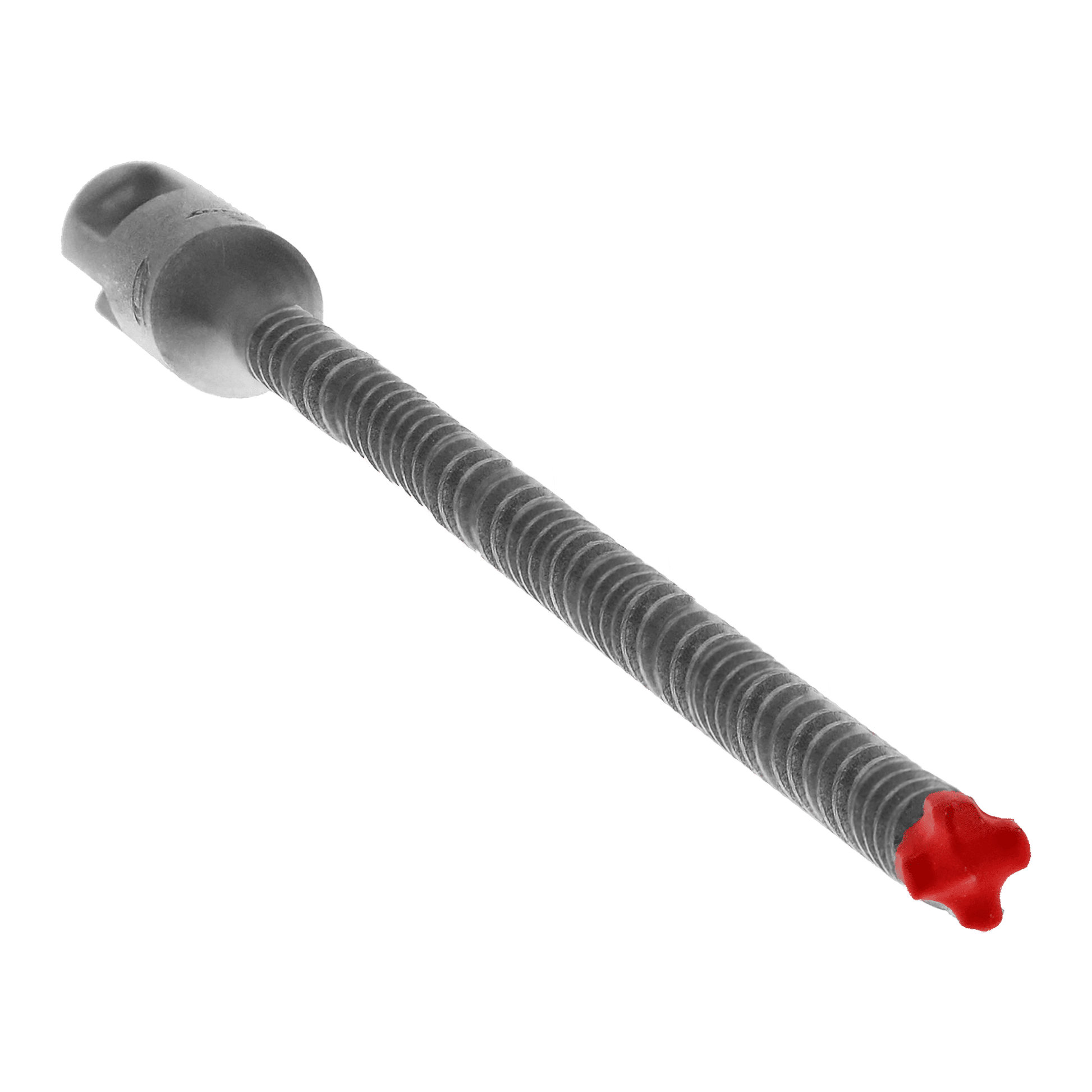 Close-up of a metallic DIABLO DMAPL4090 hammer drill bit with a ridged shaft and a red, star-shaped tip. The cylindrical head resembles an SDS-Plus tool, indicating precision design for specialized use, set against a plain background.