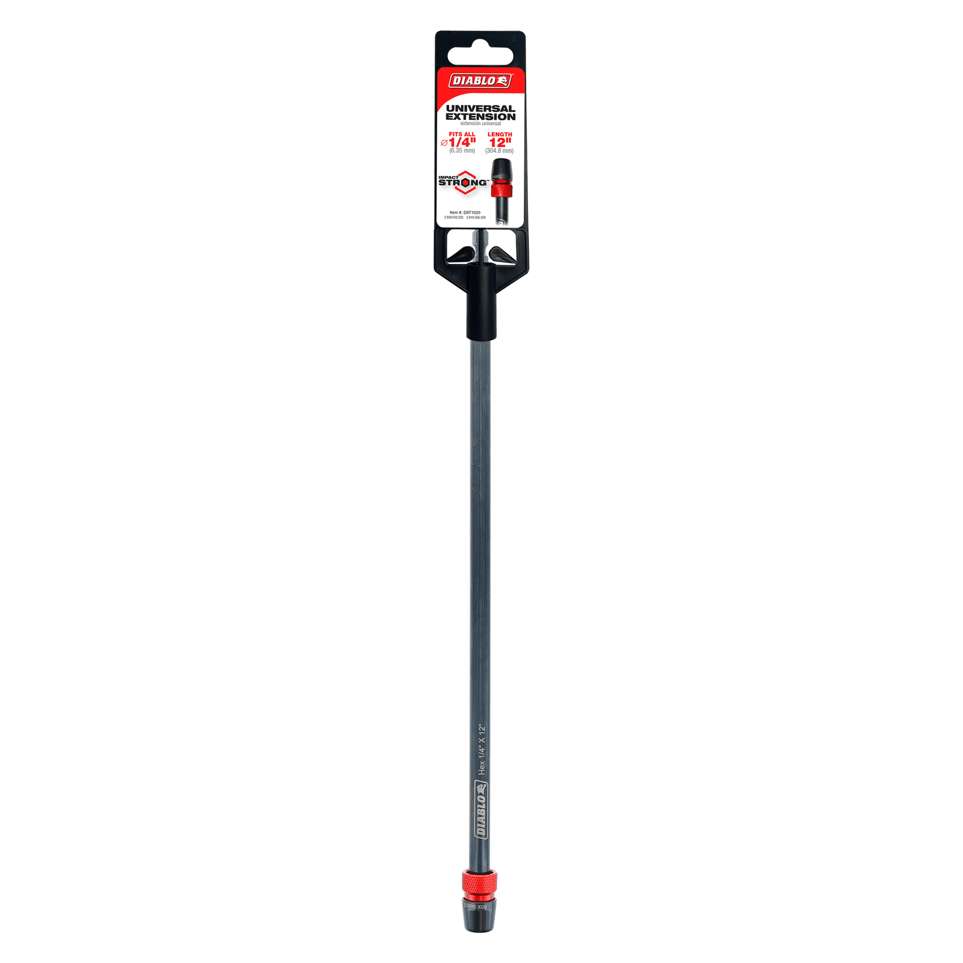 A Diablo-branded drill bit features a 1/4 in. diameter and 12 in. length with an Impact Strong metallic shaft and red tip, designed for enhanced drill driver performance. The black and red label displays the DIABLO DXT1020 model as a universal extension for drills.