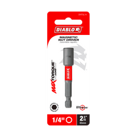 Image of the DIABLO DNTSL14 1/4 in. x 2-9/16 in. Magnetic Nut Driver in its packaging, showcasing its Impact Strong and Max Torque Zone features with a bold white and red Diablo branding that emphasizes durability.