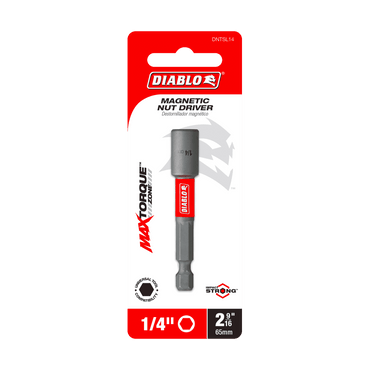 Image of the DIABLO DNTSL14 1/4 in. x 2-9/16 in. Magnetic Nut Driver in its packaging, showcasing its Impact Strong and Max Torque Zone features with a bold white and red Diablo branding that emphasizes durability.