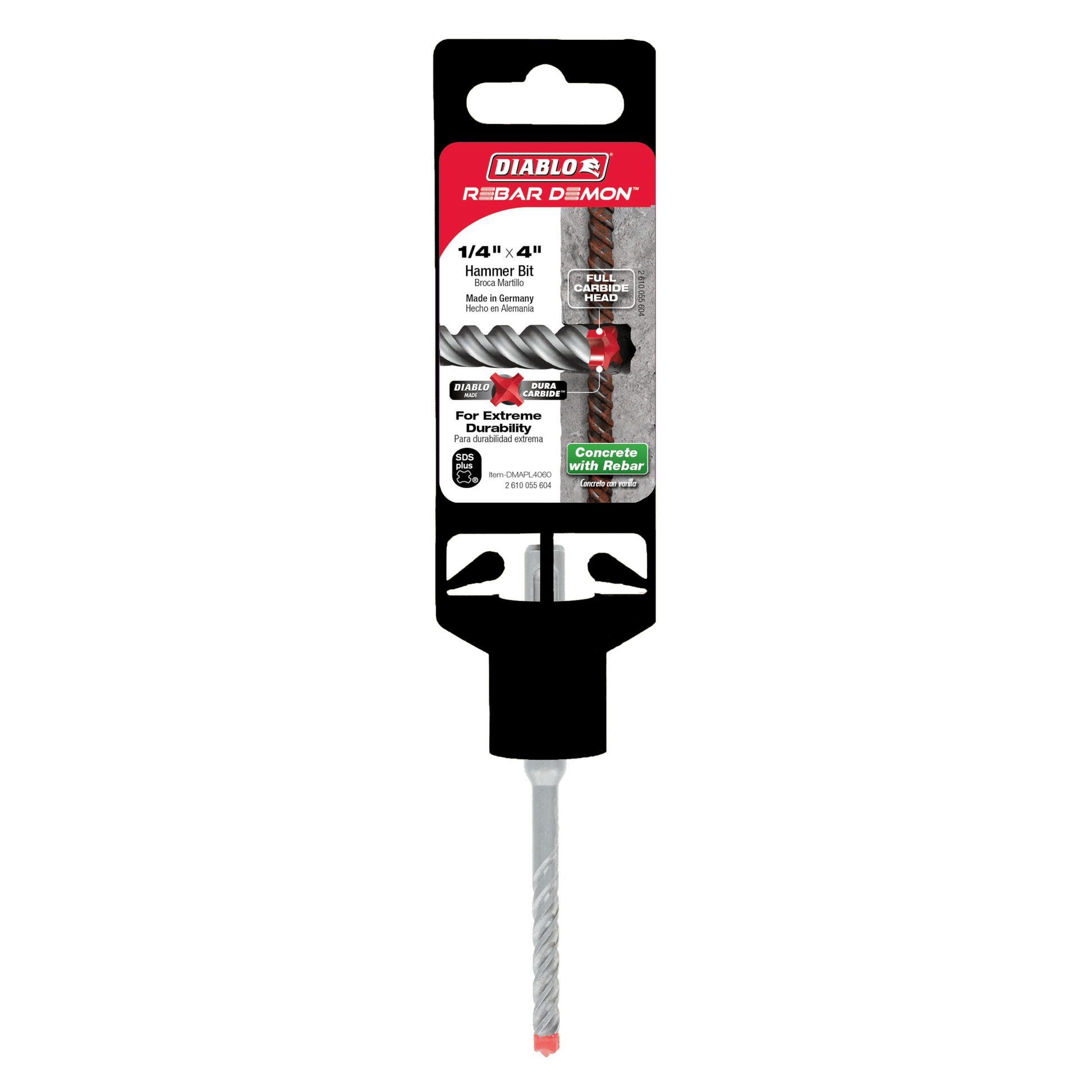 This image showcases the DIABLO DMAPL4060 Rebar Demon™ hammer bit in black and red packaging. Designed for SDS-Plus systems, this durable 1/4 in. x 4 in. carbide bit excels at drilling through rebar, ensuring reliable performance with extreme durability.