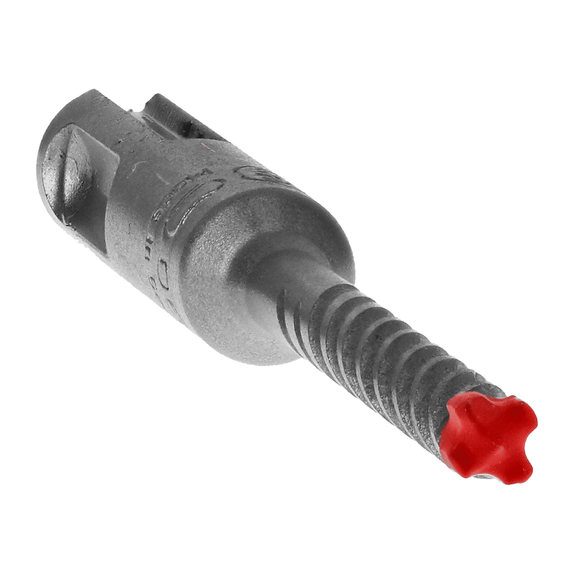 Close-up of a metal screw anchor with a textured body and red star-shaped tip, ideal for secure fastening. Pairs perfectly with the Diablo DIABLO DMAPL4060 1/4 in. x 2 in. x 4 in. Rebar Demon™ SDS-Plus Drill Bit for precision and stability.