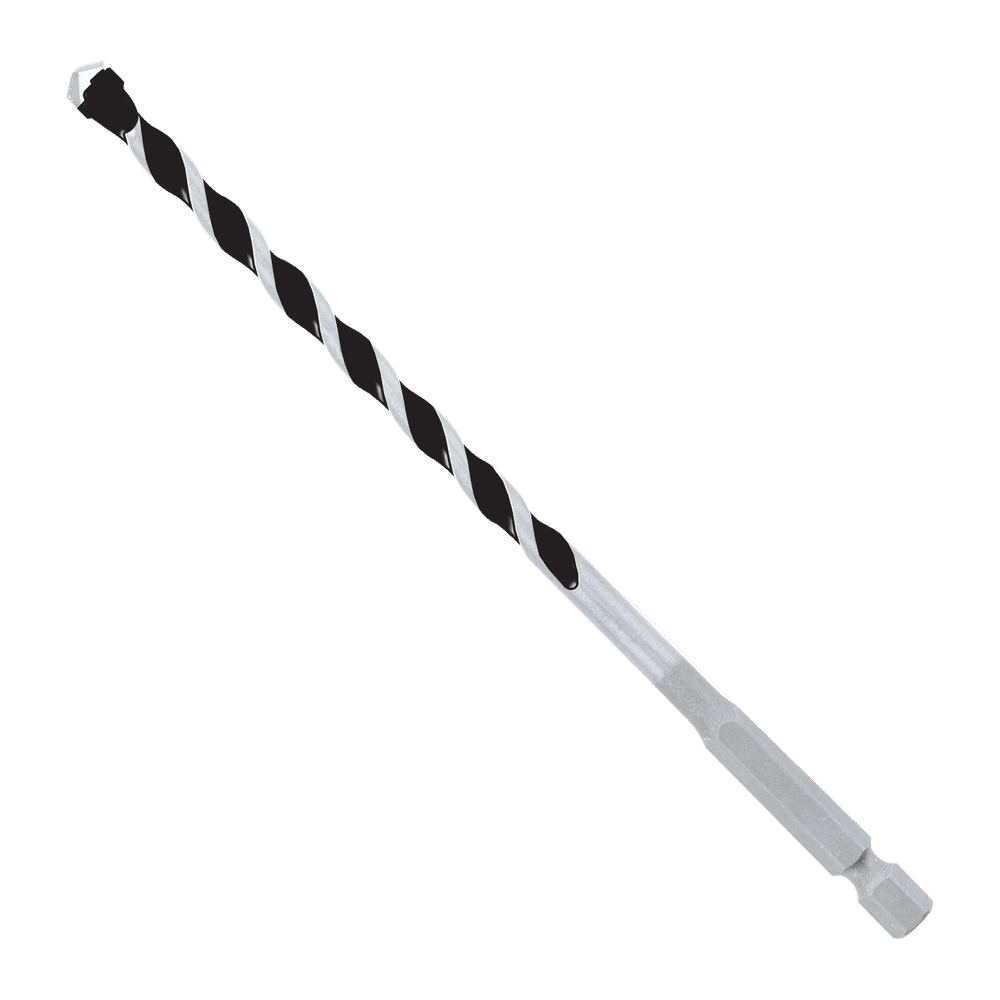 Image of a Diablo DIABLO DMAMM1050 1/4 in. x 4 in. x 6 in. Multi-Material Carbide-Tipped Hammer Drill Bit, featuring a spiral cutting edge and hexagonal shank with alternating black and silver sections for a striking striped pattern.