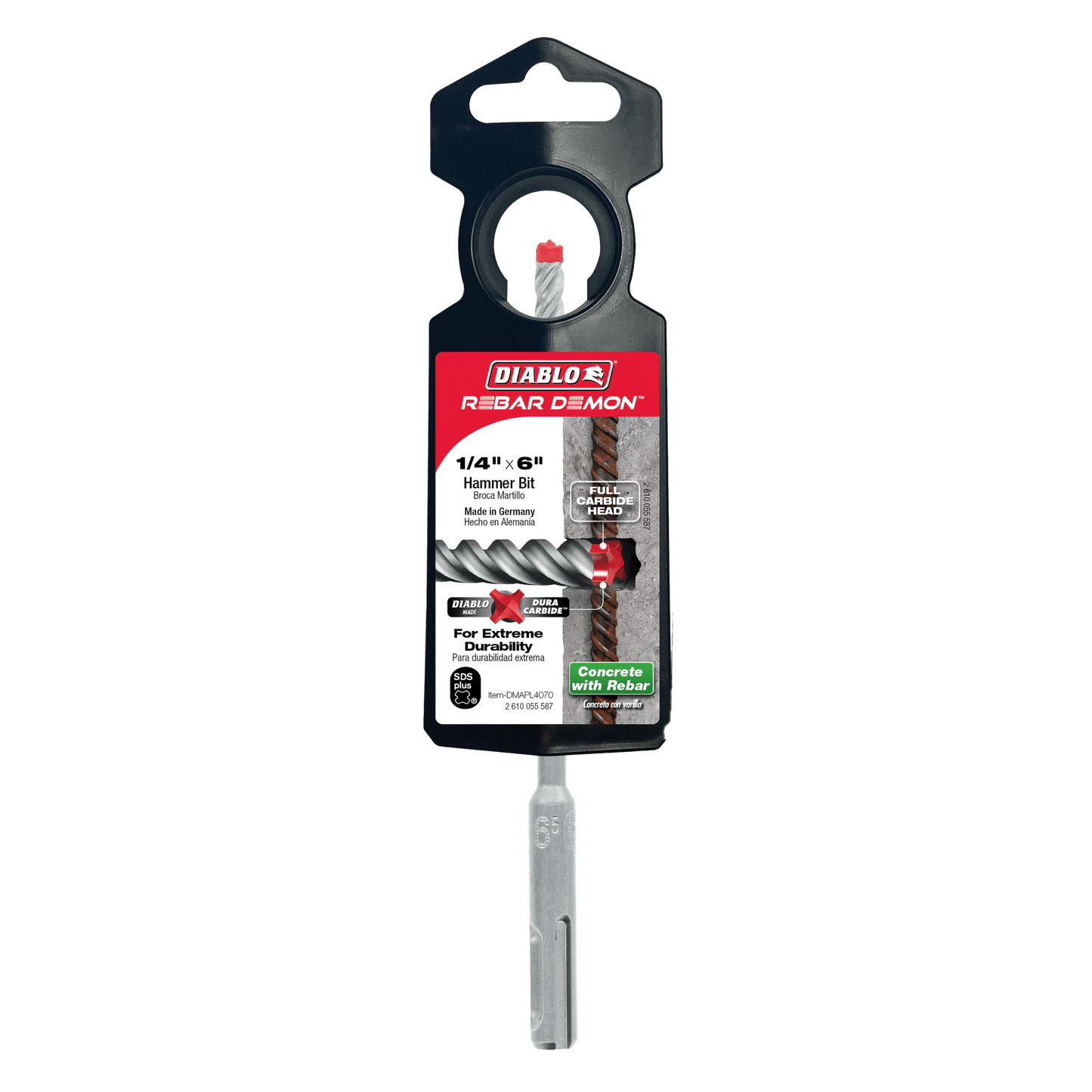 The DIABLO DMAPL4070 Rebar Demon hammer bit, featuring SDS-Plus compatibility, has a 1/4 diameter and 6 length for extreme durability with rebar and concrete. Its sleek packaging shows off a signature red and black design with a full carbide head for enhanced performance.