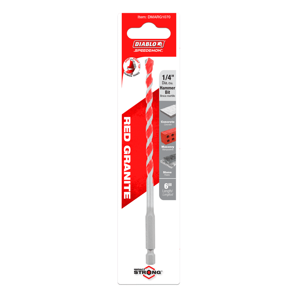 Packaging for the DIABLO DMARG1070 1/4 in. x 4 in. x 6 in. SPEEDemon™ Hammer Drill Bit emphasizes its use on concrete, masonry, and stone with a red, spiral design and the phrase The Strongest on it.