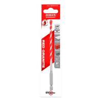 Packaging for the DIABLO DMARG1070 1/4 in. x 4 in. x 6 in. SPEEDemon™ Hammer Drill Bit emphasizes its use on concrete, masonry, and stone with a red, spiral design and the phrase The Strongest on it.