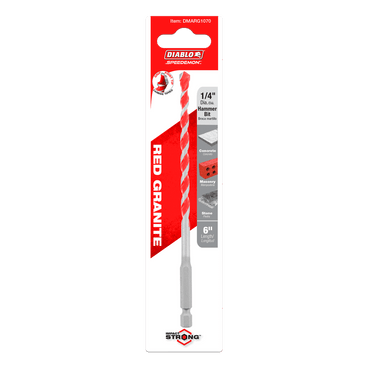 Packaging for the DIABLO DMARG1070 1/4 in. x 4 in. x 6 in. SPEEDemon™ Hammer Drill Bit emphasizes its use on concrete, masonry, and stone with a red, spiral design and the phrase The Strongest on it.