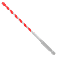 A close-up image showcases a DIABLO DMARG1070-P5 SPEEDemon™ Red Granite Carbide Tipped Hammer Drill Bit with a hexagonal base and spiral design in red, ideal for masonry drilling. The white background highlights the 1/4 in. x 4 in. x 6 in. dimensions of this Diablo product from their 5-pack set.