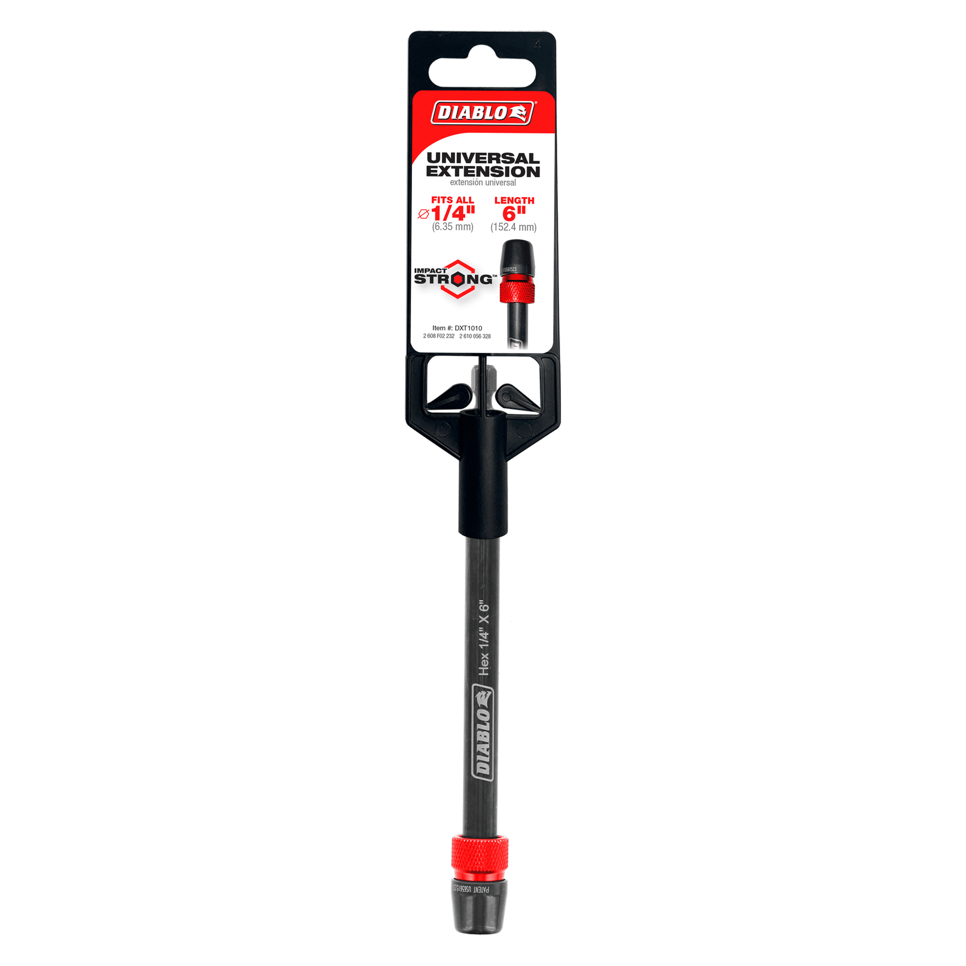 The DIABLO DXT1010 1/4 in. x 6 in. Universal Extension for Drills is packaged in an eye-catching black and red design, labeled Impact Strong with a slip lock feature, perfect for hard-to-reach spaces. Its sleek black handle is visible beneath the packaging card.