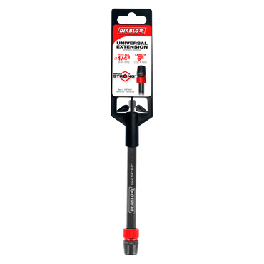 The DIABLO DXT1010 1/4 in. x 6 in. Universal Extension for Drills is packaged in an eye-catching black and red design, labeled Impact Strong with a slip lock feature, perfect for hard-to-reach spaces. Its sleek black handle is visible beneath the packaging card.