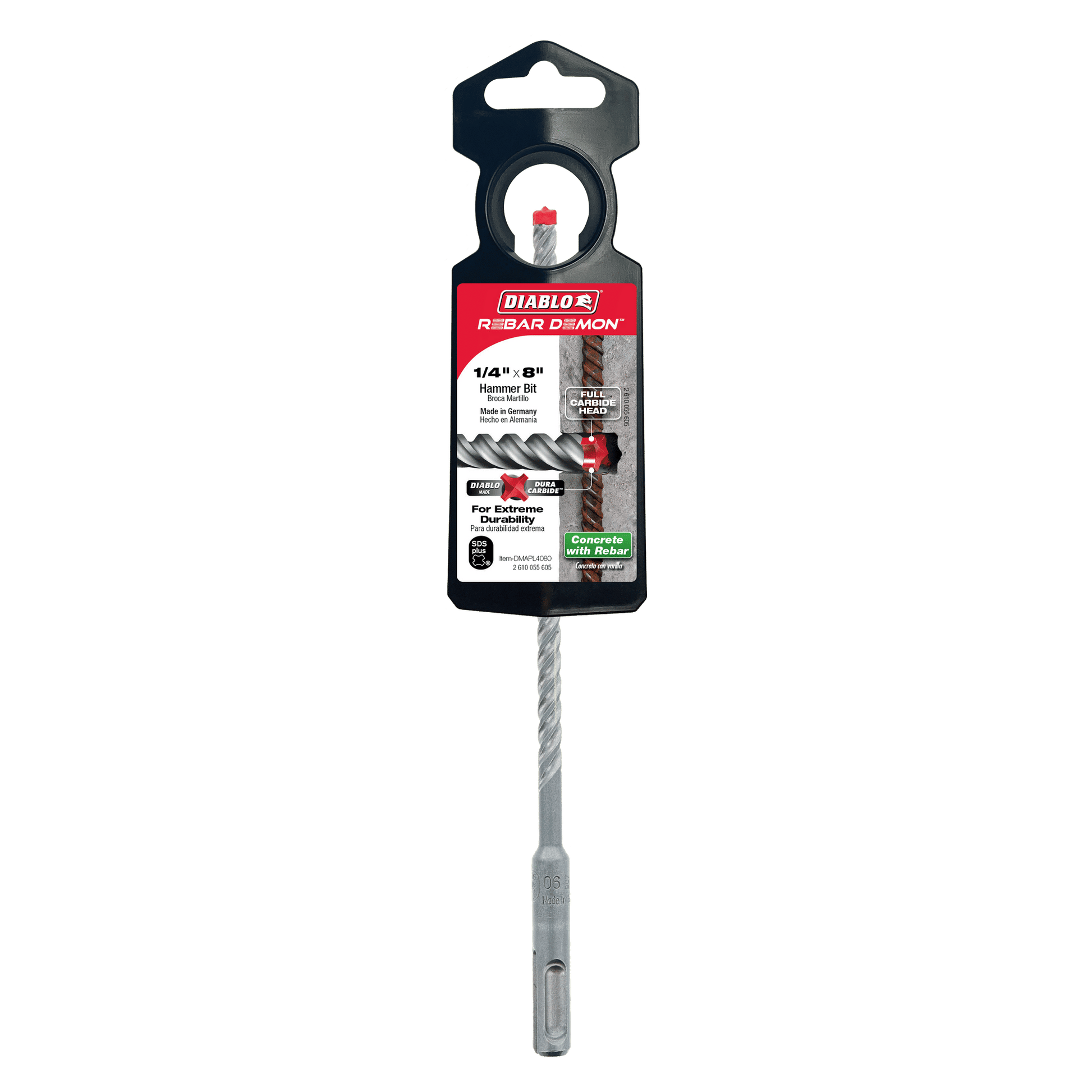 The DIABLO DMAPL4080 Rebar Demon™ SDS-Plus 1/4 x 6 drill bit packaging displays the Diablo brand and specs, with an image of its full-carbide head. Its silver spiral design enhances precision drilling for rotary hammer drills.