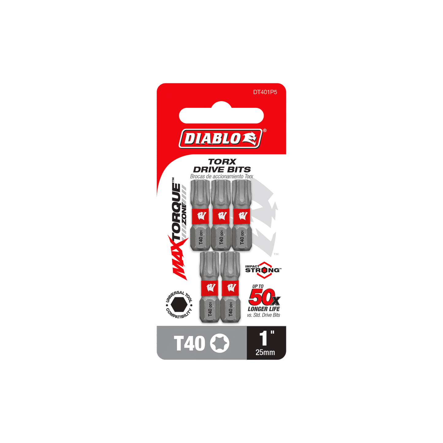 The Diablo DT401P5 pack contains five 1-inch #40 Torx Drive Bits. These Impact Strong™ bits feature MaxTorque Zone for superior durability and strength. The red and gray packaging prominently displays the branding and product details.