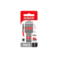 The Diablo DT401P5 pack contains five 1-inch #40 Torx Drive Bits. These Impact Strong™ bits feature MaxTorque Zone for superior durability and strength. The red and gray packaging prominently displays the branding and product details.