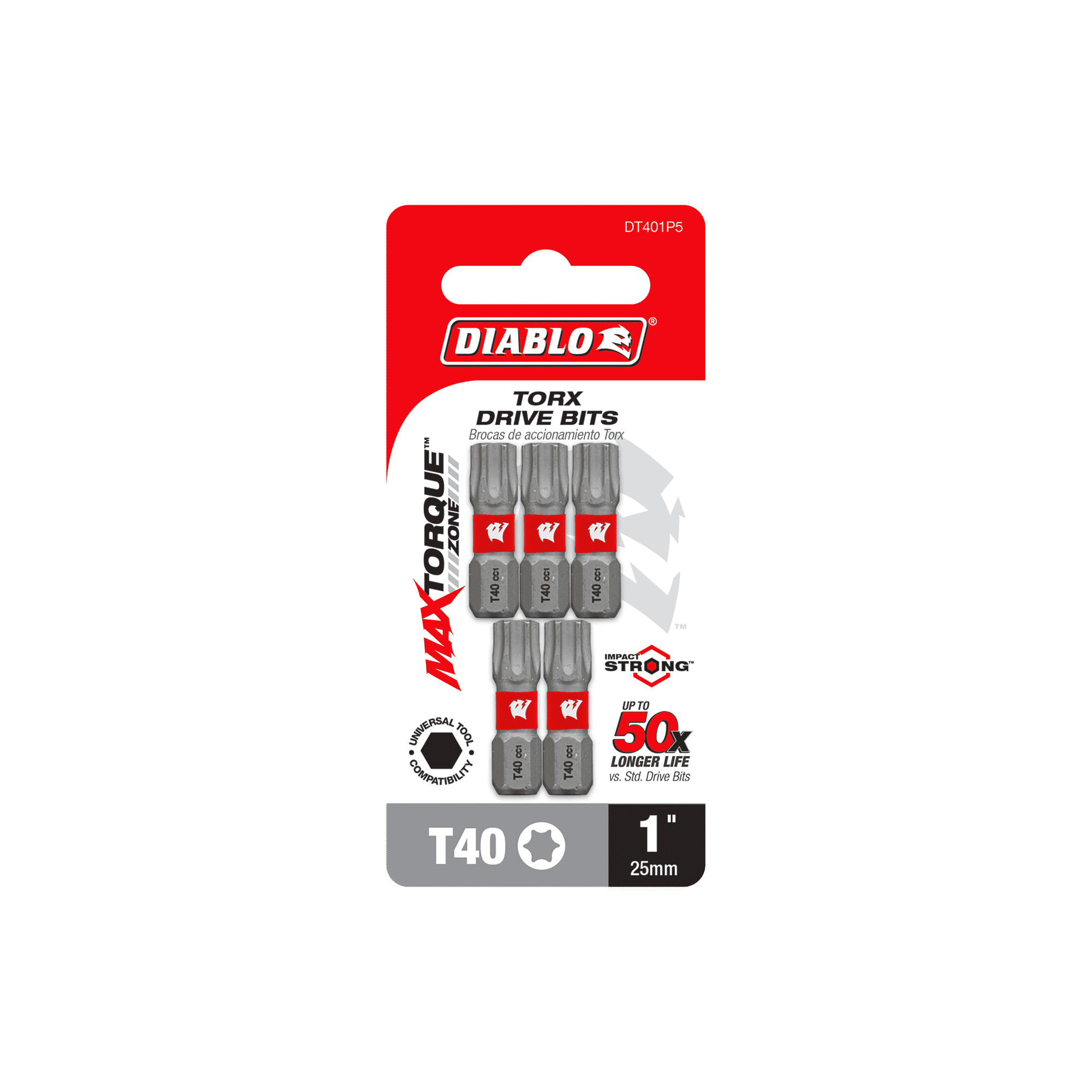 The Diablo DT401P5 pack contains five 1-inch #40 Torx Drive Bits. These Impact Strong™ bits feature MaxTorque Zone for superior durability and strength. The red and gray packaging prominently displays the branding and product details.