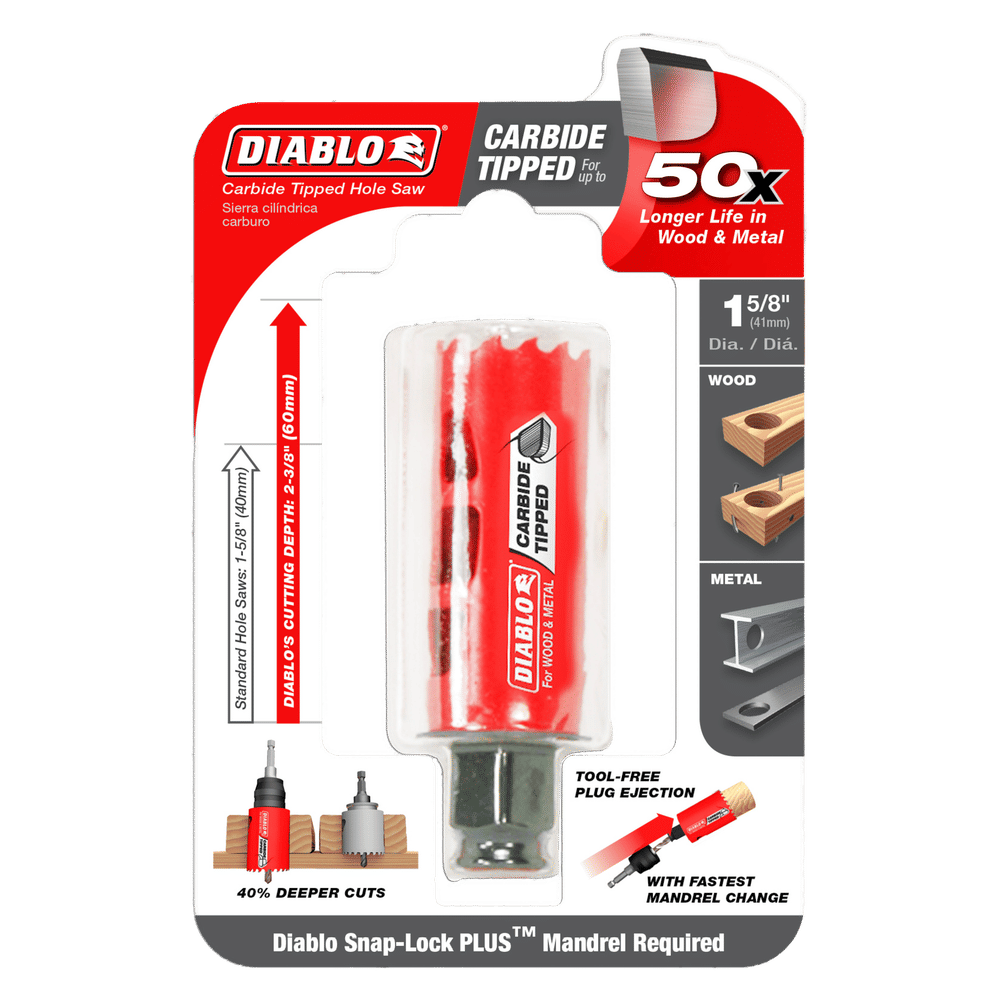 The DIABLO DHS1625CT 1-5/8 in. Carbide Teeth Hole Saw for Wood and Metal, by Diablo, boasts 50x longer life, optimal cutting performance with carbide teeth, Snap-Lock PLUS™ mandrel compatibility, and comes in eye-catching red and white packaging with illustrations.