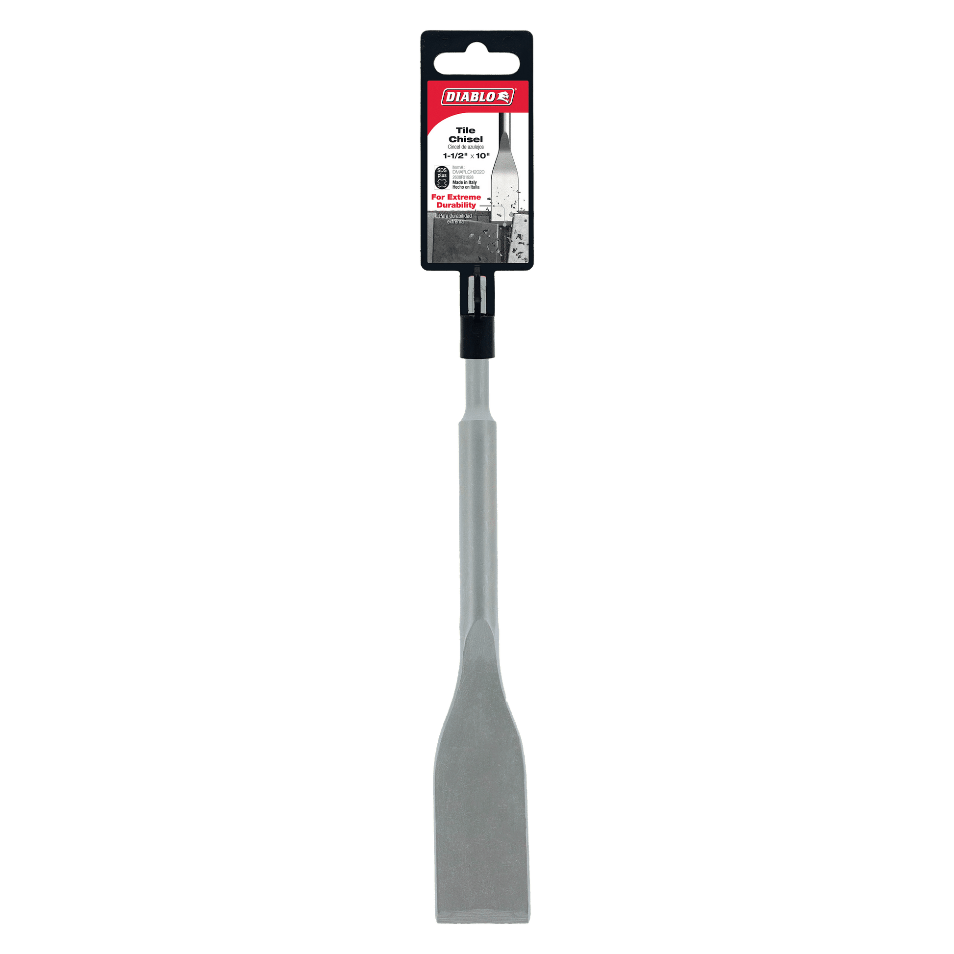 The DIABLO DMAPLCH2020 1.5 in. x 10 in. SDS-Plus Tile Chisel features a flat, wide blade and black handle, perfect for precise tasks. The label displays the brand Diablo with product details, and it offers compatibility with SDS-Max systems for improved tile chiseling performance.