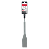 The DIABLO DMAPLCH2020 1.5 in. x 10 in. SDS-Plus Tile Chisel features a flat, wide blade and black handle, perfect for precise tasks. The label displays the brand Diablo with product details, and it offers compatibility with SDS-Max systems for improved tile chiseling performance.