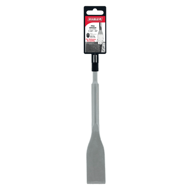 The DIABLO DMAPLCH2020 1.5 in. x 10 in. SDS-Plus Tile Chisel features a flat, wide blade and black handle, perfect for precise tasks. The label displays the brand Diablo with product details, and it offers compatibility with SDS-Max systems for improved tile chiseling performance.