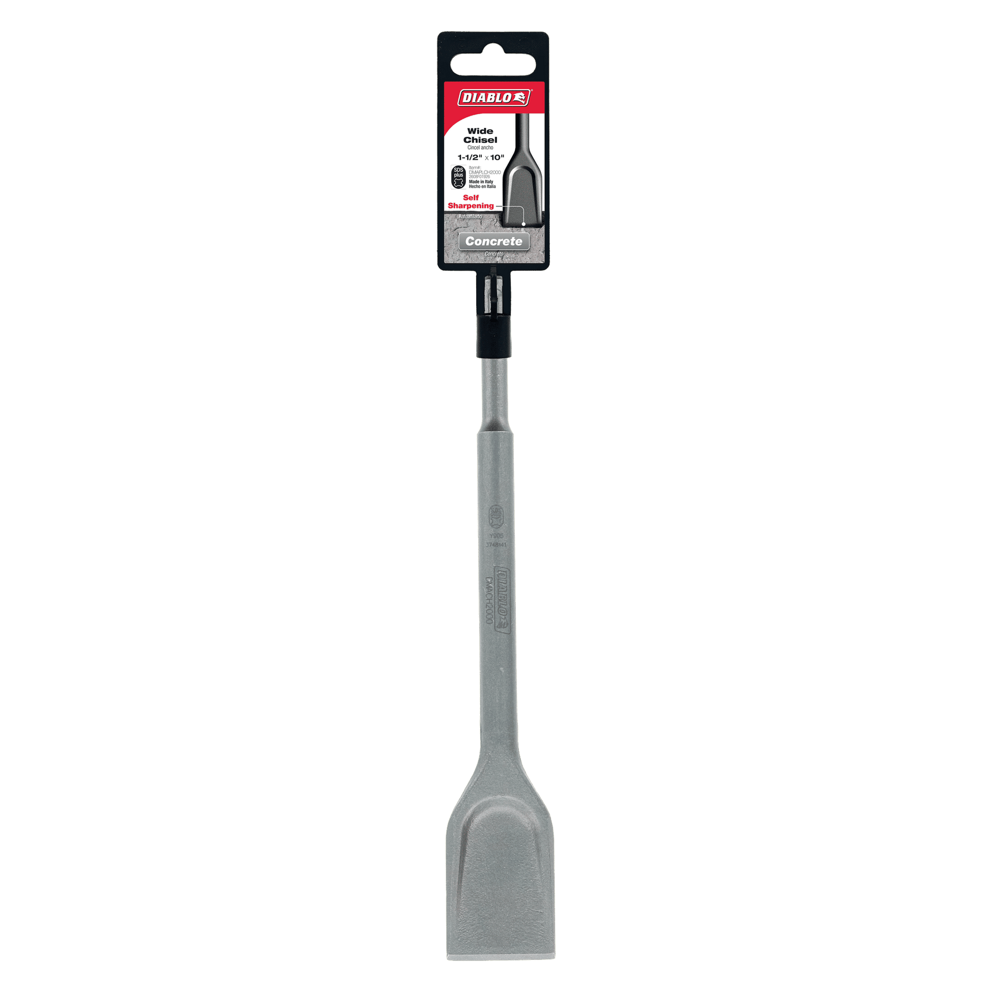 Image of the Diablo DMAPLCH2000 1.5 in. x 10 in. SDS-Plus wide chisel with a flat blade, ideal for concrete demolition work, displayed vertically with packaging attached near the top.