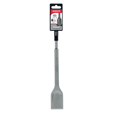 Image of the Diablo DMAPLCH2000 1.5 in. x 10 in. SDS-Plus wide chisel with a flat blade, ideal for concrete demolition work, displayed vertically with packaging attached near the top.