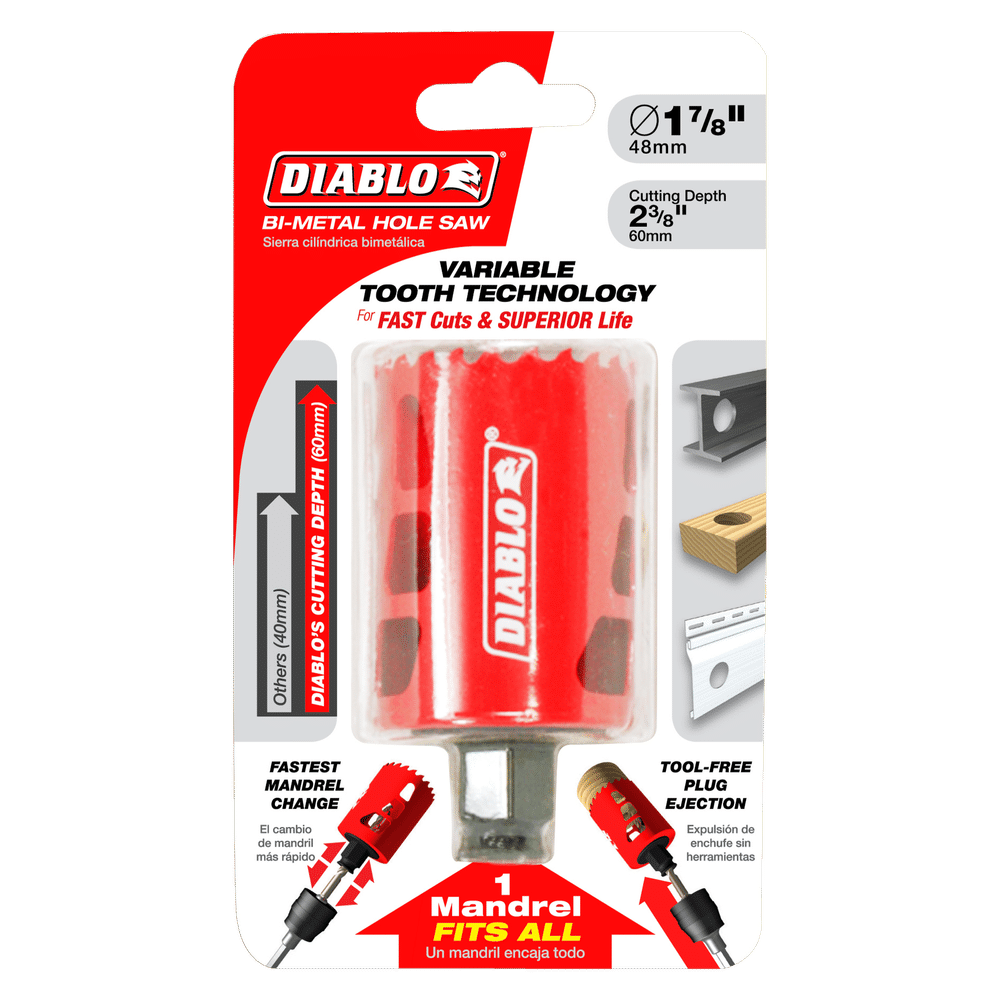 The DIABLO DHS1875 High Performance Hole Saw, measuring 1-7/8 in. with a 2-3/8 in. cutting depth, features a Variable Tooth Design for fast cuts and the Snap-Lock Plus mandrel system for easy plug ejection and enhanced durability.